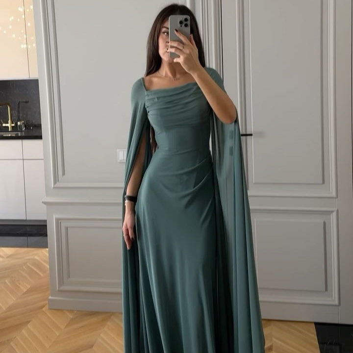 U-Kragen Langarm Mesh-Ärmel Schlankes einfarbiges Kleid