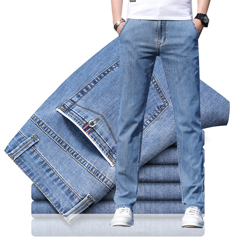 Herren lockere elastische Jeans gerade einfarbige Freizeit Hose