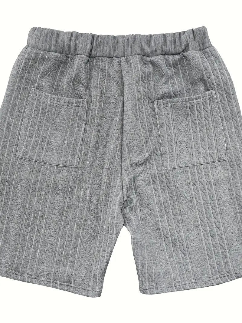 2-teiliges Herren-Set: Jacquard einfarbiges Kurzarm-V-Ausschnitt-Hemd und passende Shorts mit Kordelzug, sommerliche Freizeitbekleidung.