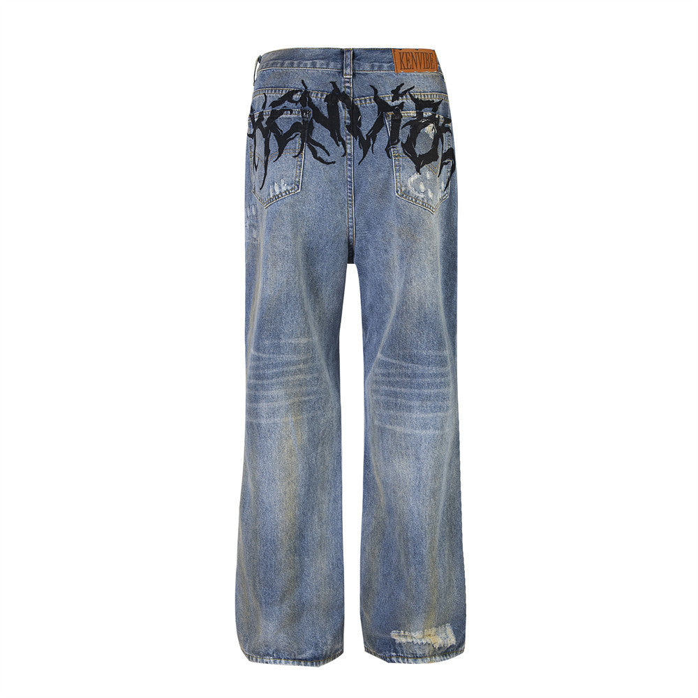 Punk Used Look zerrissene Buchstaben Denim Hose Herren