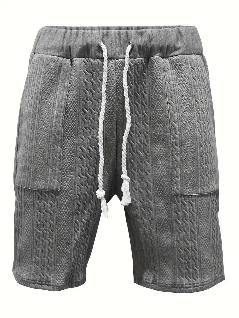 2-teiliges Herren-Set: Jacquard einfarbiges Kurzarm-V-Ausschnitt-Hemd und passende Shorts mit Kordelzug, sommerliche Freizeitbekleidung.