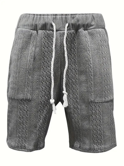 2-teiliges Herren-Set: Jacquard einfarbiges Kurzarm-V-Ausschnitt-Hemd und passende Shorts mit Kordelzug, sommerliche Freizeitbekleidung.