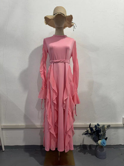 ruffle shiffon patchwork dress with half turtleneck