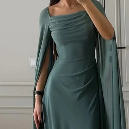U-Kragen Langarm Mesh-Ärmel Schlankes einfarbiges Kleid