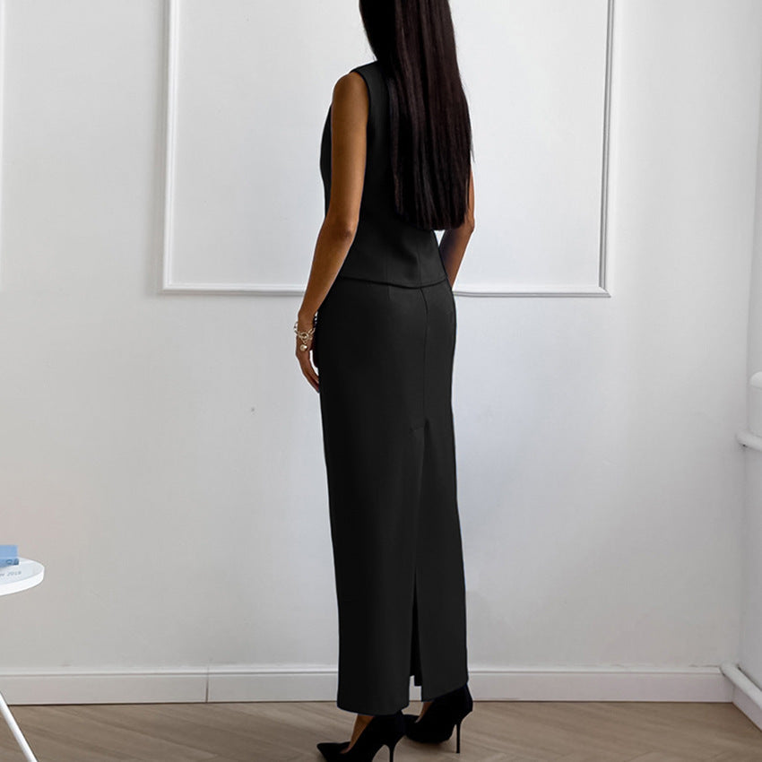 Fashion Black Vest Long Dress Two-piece Set