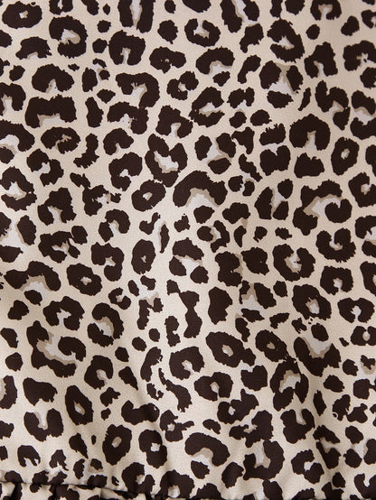 Leopard Print Hollow Lace Up Bubble Sleeve Shirt For Women's Top