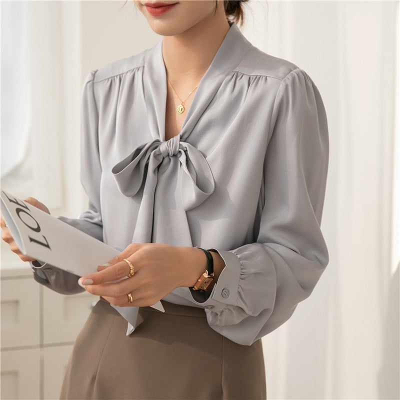 Französisches Temperament Business-Shirt mit Schleifenband und Uni-Farbe