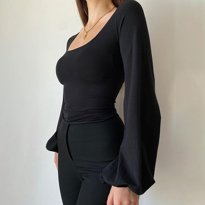 Vielseitiges Lässiges Top mit Laternenärmeln, Quadratkragen und Slimming-Effekt in Uni-Farbe