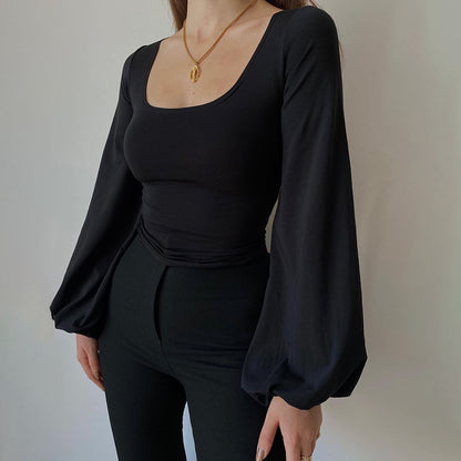 Vielseitiges Lässiges Top mit Laternenärmeln, Quadratkragen und Slimming-Effekt in Uni-Farbe