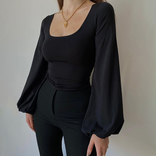 Vielseitiges Lässiges Top mit Laternenärmeln, Quadratkragen und Slimming-Effekt in Uni-Farbe