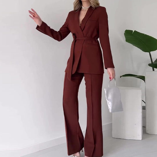 Damen Mode einfarbig Polo Kragen Schnürung Taille Temperament Twinset
