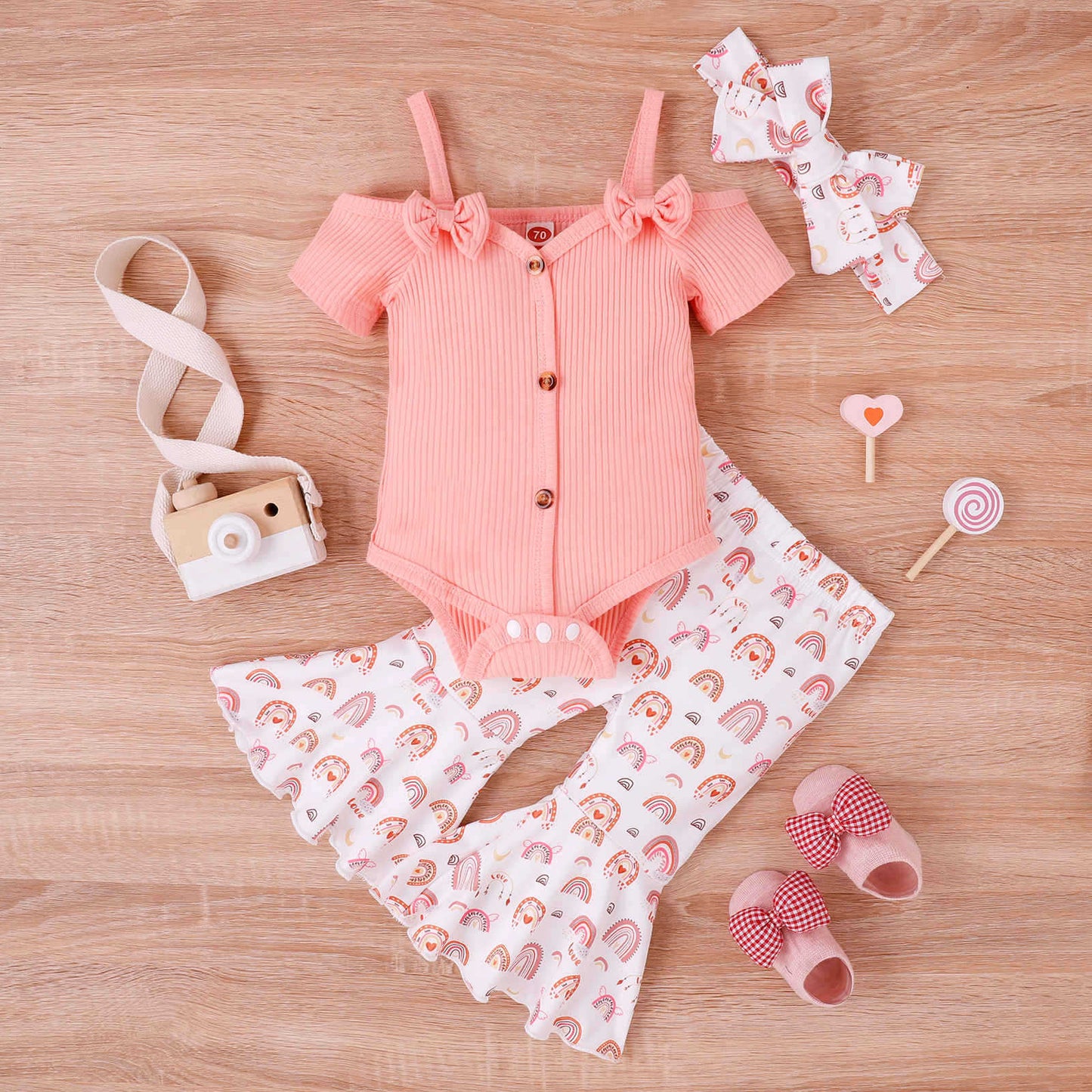 Baby Mädchen Kleinkind Sommer Schleifen-Träger V-Ausschnitt Kurzarm-Body Bedruckte Schlaghosen