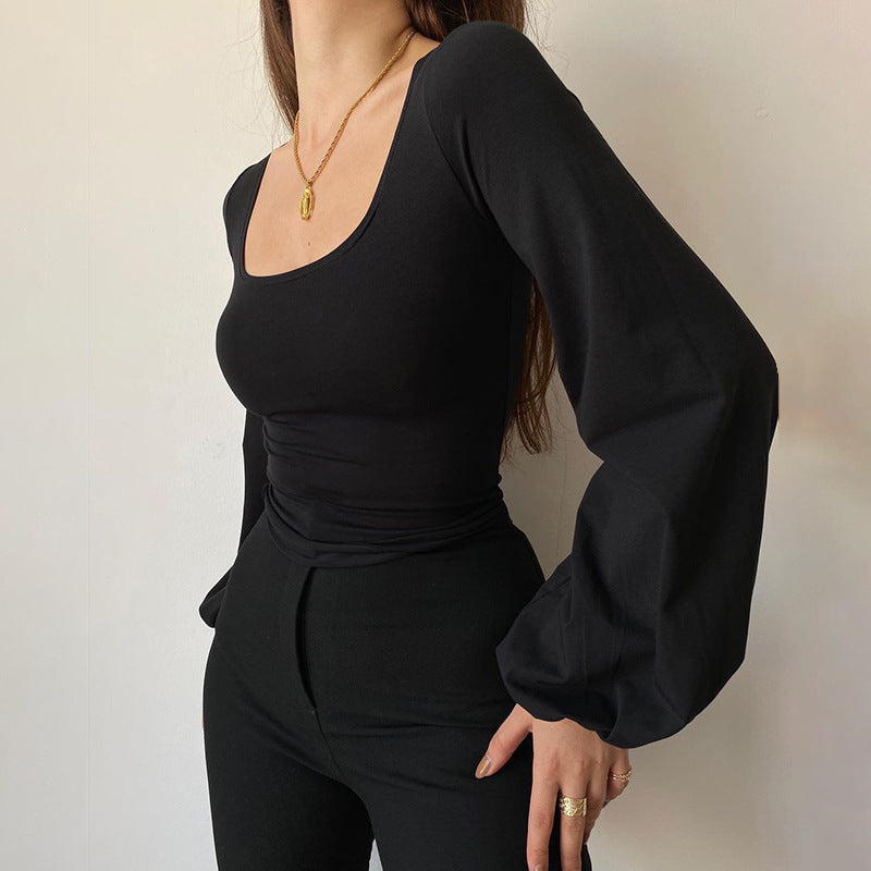 Vielseitiges Lässiges Top mit Laternenärmeln, Quadratkragen und Slimming-Effekt in Uni-Farbe