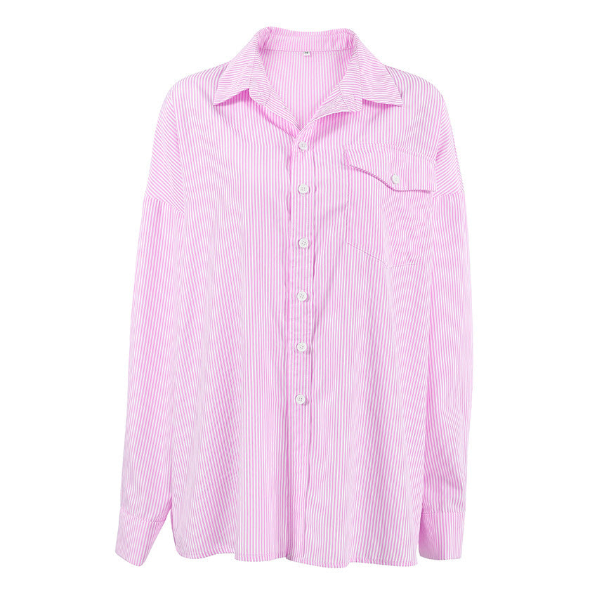 Damen Preppy Style Süßes Rosa Gestreiftes Loses Äußeres Baumwoll hemd
