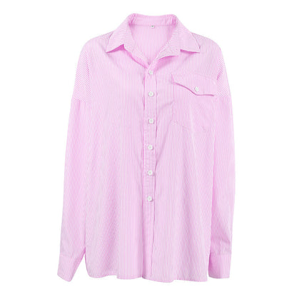 Damen Preppy Style Süßes Rosa Gestreiftes Loses Äußeres Baumwoll hemd