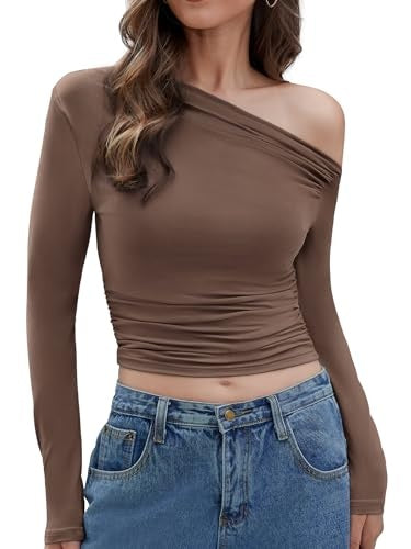 Damen Schulter Asymmetrisch Solid Color Top Langarm