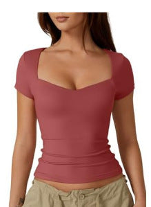 Herzförmiges Kragen-Kurzarm-T-Shirt Frauen einfarbig schlank Grund mode Exposed Nabel