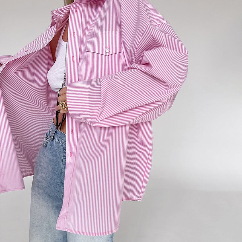 Damen Preppy Style Süßes Rosa Gestreiftes Loses Äußeres Baumwoll hemd