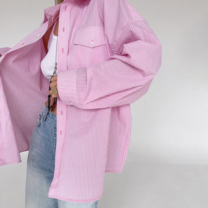 Damen Preppy Style Süßes Rosa Gestreiftes Loses Äußeres Baumwoll hemd