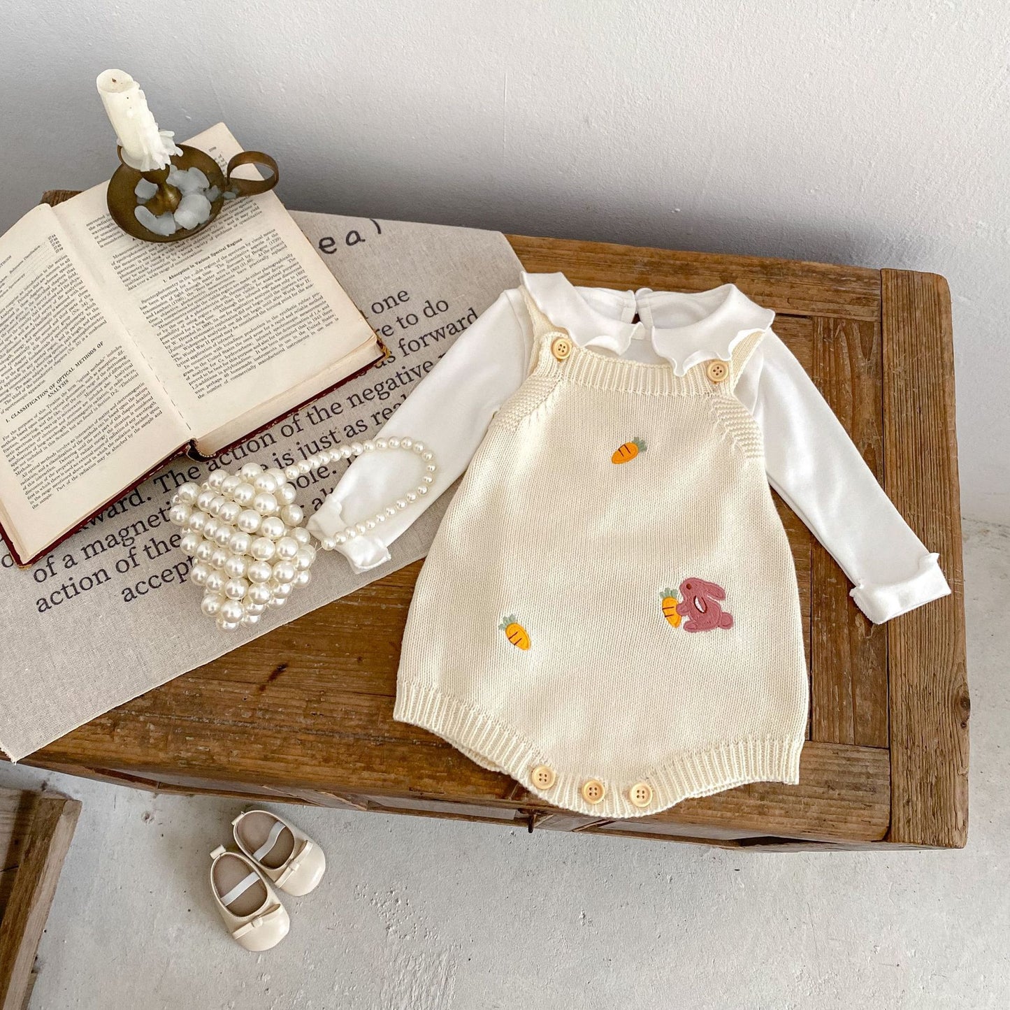 Autumn baby jacket with rabbit and carrot embroidery made of knit