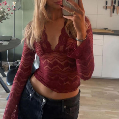 Damen Bell Ärmel hohl aus V-Ausschnitt Pullover Spitze Hemd Top
