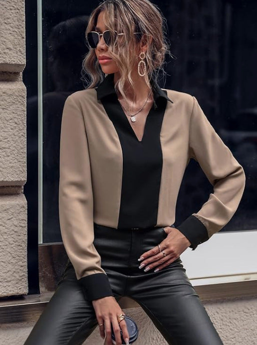Damen V-Ausschnitt Mode Casual Top Lang ärmel iges Hemd
