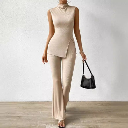 Stand collar slit bottom hem vest and wide leg pants