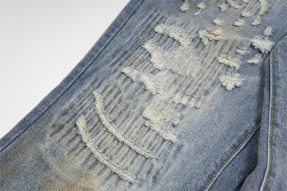 Punk Used Look zerrissene Buchstaben Denim Hose Herren