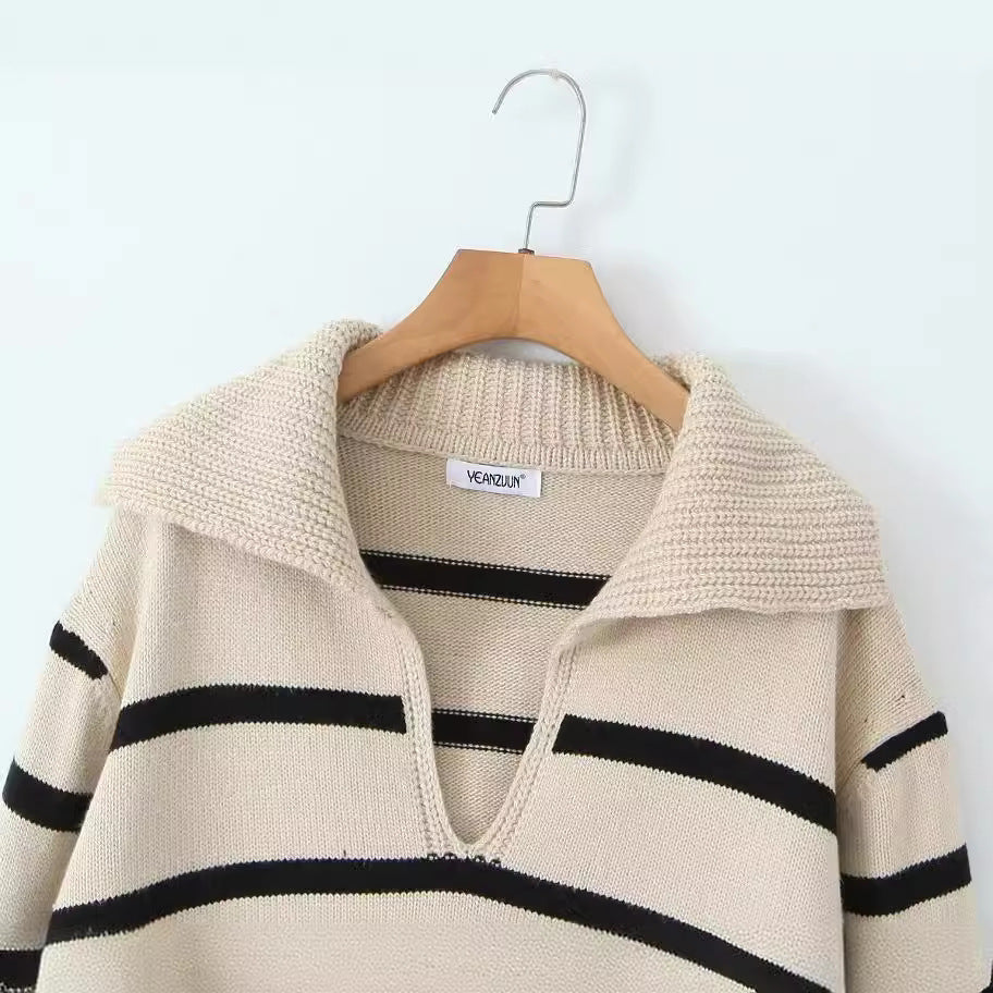 Damen Lockerer Lässiger Großer Revers Gestreifter Langarm-Pullover