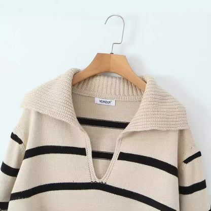 Damen Lockerer Lässiger Großer Revers Gestreifter Langarm-Pullover