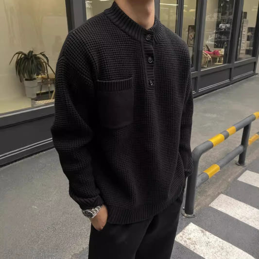 Herren-Pullover im Old Money Stil mit Henry-Kragen und Rundhalsausschnitt