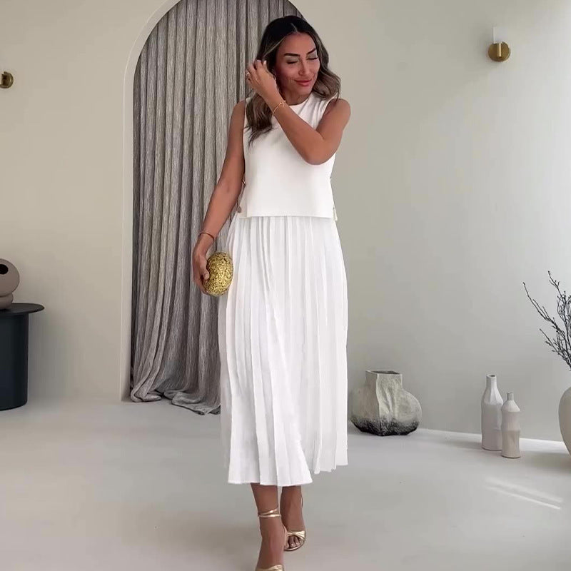 Sleeveless Top High Waist Pleated Skirt Suit