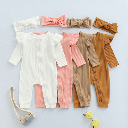 Newborn Baby Girls Boys Rompers 4 Colors Solid Color Flying Long Sleeve