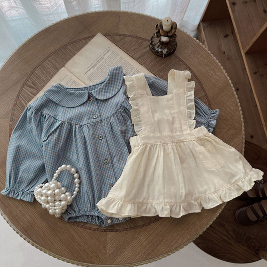 Baby Einteiler mit Knopfleiste Langarm Kleines Karomuster Strampler mit Trägerkleid