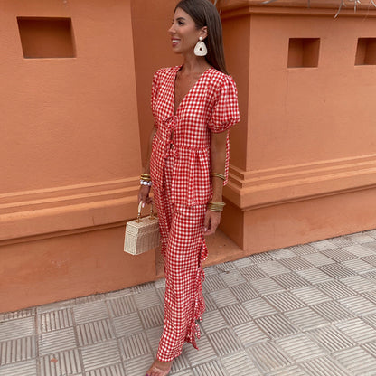 Women's Fashion V-neck Lace-up Plaid Knotted Suit