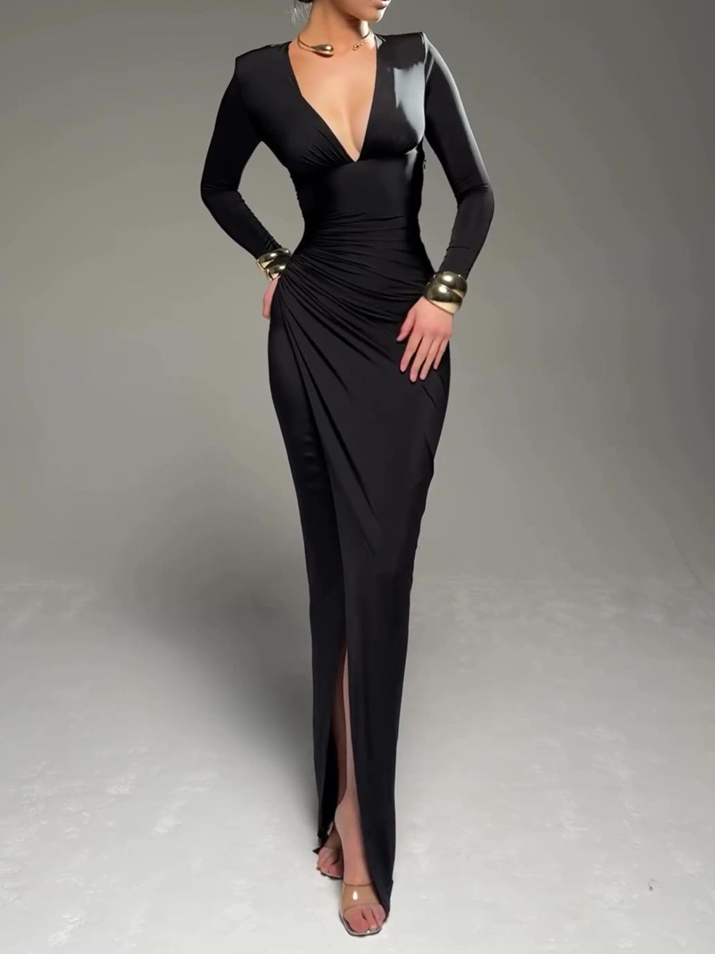 Solid color long sleeve deep V-neck dress