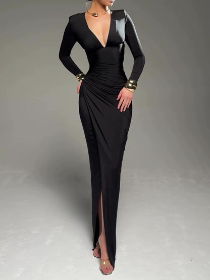 Solid color long sleeve deep V-neck dress