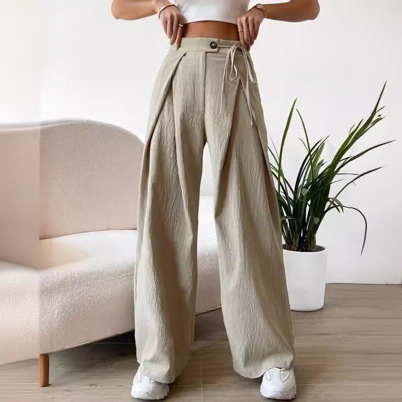 Damen High-Waist Weitbein-Hose mit Kordelzug und Patchwork – Lässige Gerade Hose