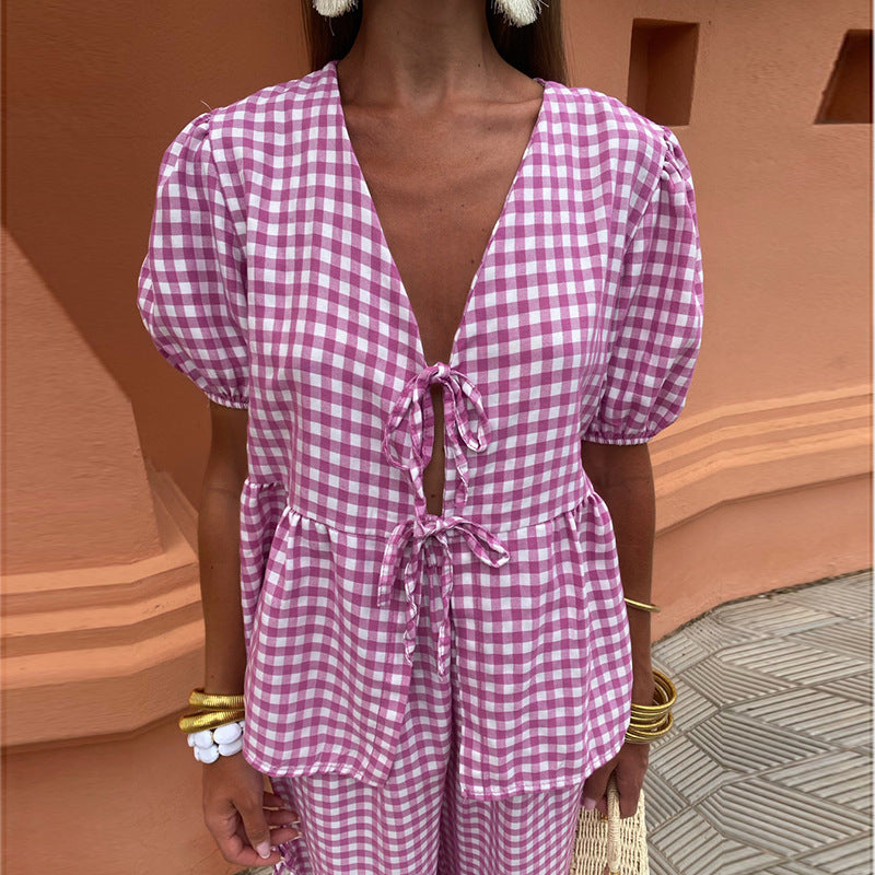 Women's Fashion V-neck Lace-up Plaid Knotted Suit