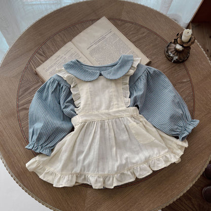 Baby Einteiler mit Knopfleiste Langarm Kleines Karomuster Strampler mit Trägerkleid