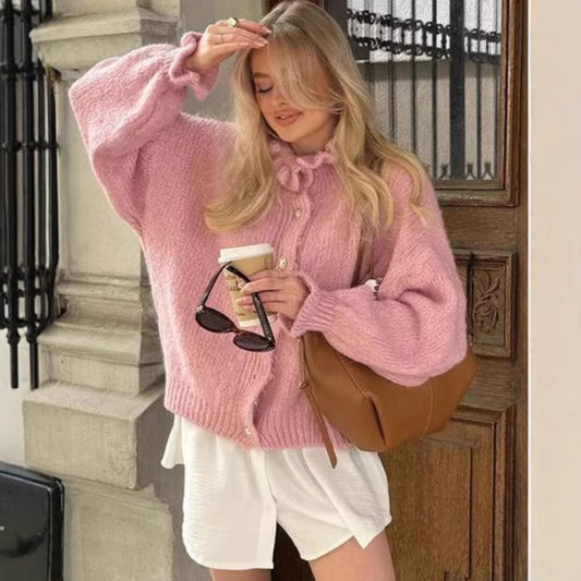 Damen Preppy-Stil Rundhals Pullover Cardigan mit eleganten Rüschen