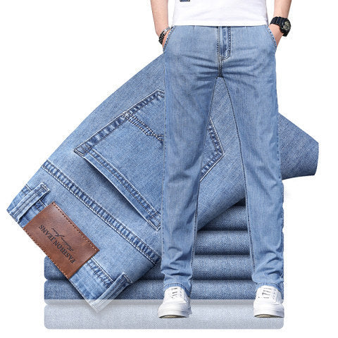 Herren lockere elastische Jeans gerade einfarbige Freizeit Hose