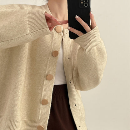 Rundhals Einfarbige Lockere Strickjacke Damen Herbst und Winter