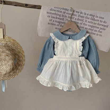 Baby Einteiler mit Knopfleiste Langarm Kleines Karomuster Strampler mit Trägerkleid