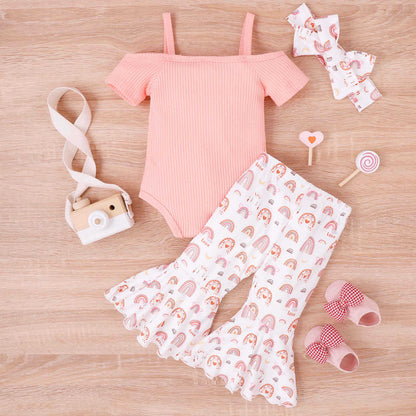 Baby Mädchen Kleinkind Sommer Schleifen-Träger V-Ausschnitt Kurzarm-Body Bedruckte Schlaghosen
