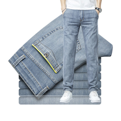 Herren lockere elastische Jeans gerade einfarbige Freizeit Hose