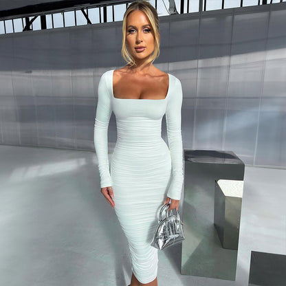 Mode einfarbig schlank Fit Falten kleid