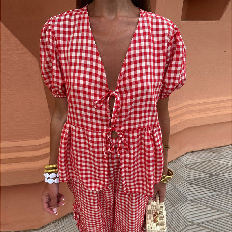 Women's Fashion V-neck Lace-up Plaid Knotted Suit