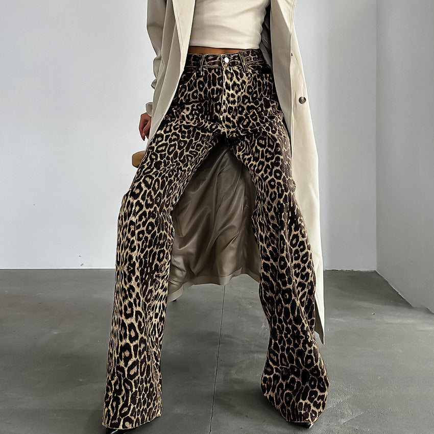 Sommerliche Retro Street Style Lockere Niedrig-Taillen Leopard-Print Hose – Vielseitige Baumwollweite Bein-Hose