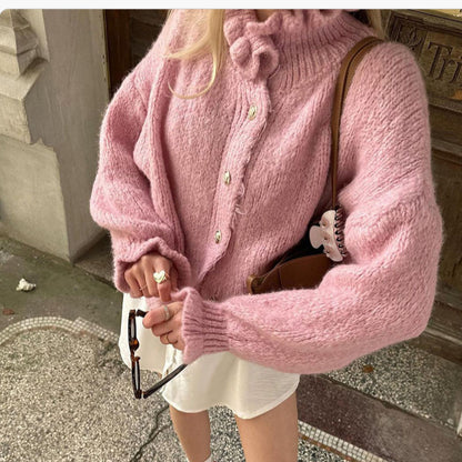 Damen Preppy-Stil Rundhals Pullover Cardigan mit eleganten Rüschen
